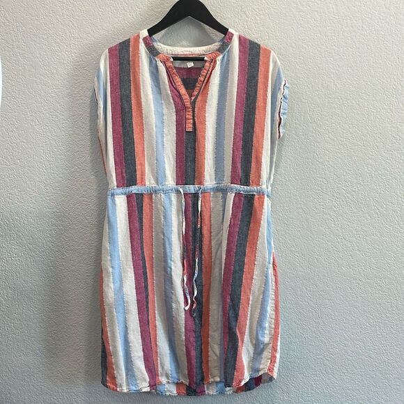 Time and Tru Vertical Stripe Cinched Waist Dress in Magenta Quartz Stripe Large - Picture 2 of 10